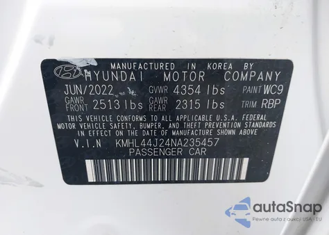 2022 Hyundai Sonata Sel Plus z USA, uszkodzony, nr VIN KMHL44J24NA235457